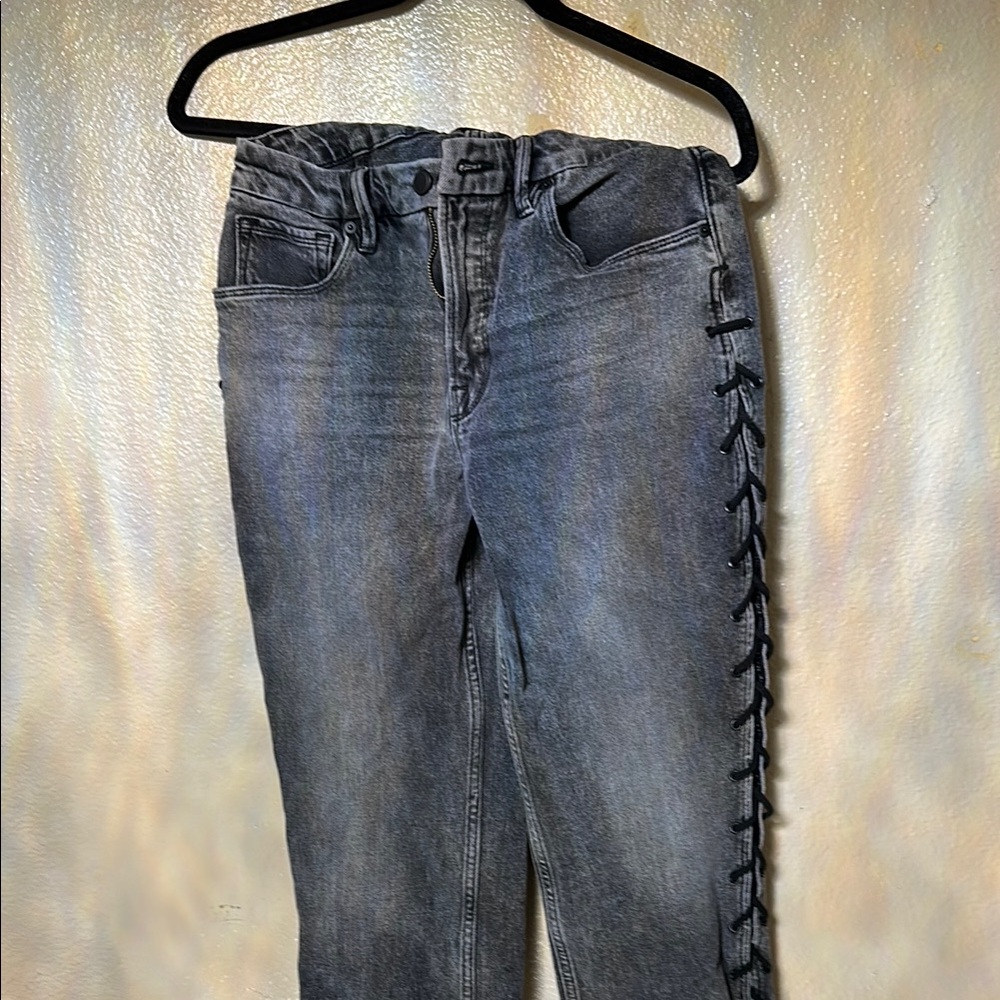 Good American Gray Skinny Jeans with Lace-Up Detail